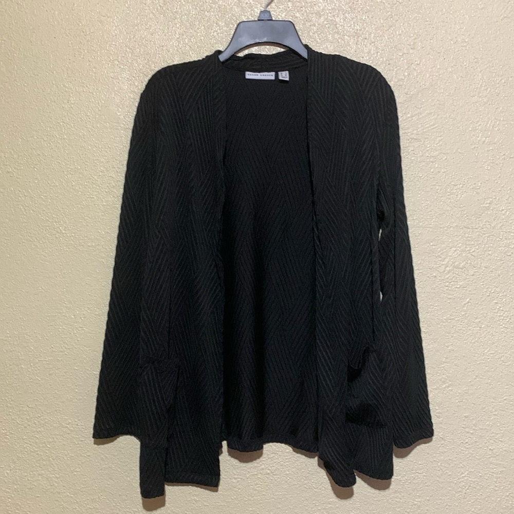 Susan Graver Open Cardigan L Stretchy Black Textured/Ribbed Diamond Shapes Poly